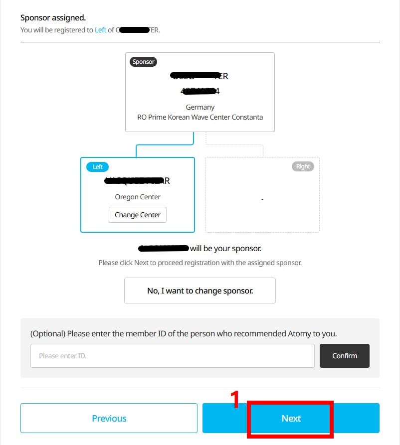 atomy-join-US-Memer-Registration_Step-10-2-2 - Join Atomy Page showing sponsor assignment flow: sponsor details at top, left center option highlighted with a 'Change Center' button, right panel empty, and a large 'Next' button outlined in red indicating proceed action.