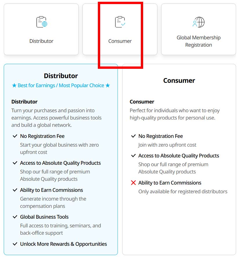 joinatomy--US-Memer-Registration_Step-2-1-2 - Join Atomy Three selectable cards showing Distributor, Consumer (highlighted), and Global Membership Registration; below, side-by-side Distributor vs. Consumer benefit panels.